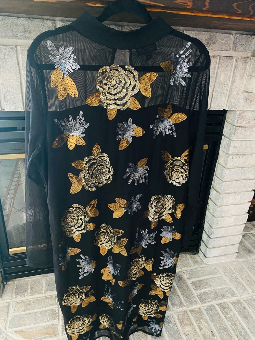 Thalia Sodi Black Sheer Long-Sleeve Dress with Gold & Silver Sequin Florals
